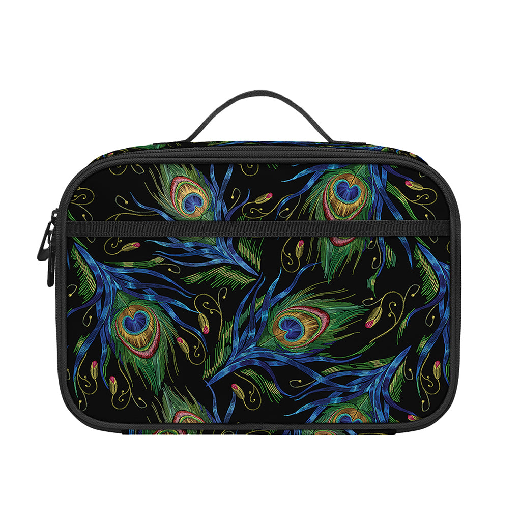 Embroidery Peacock Feather Print Portable Lunch Bag