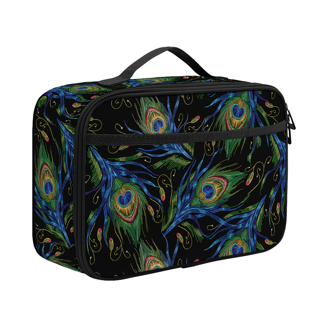 Embroidery Peacock Feather Print Portable Lunch Bag