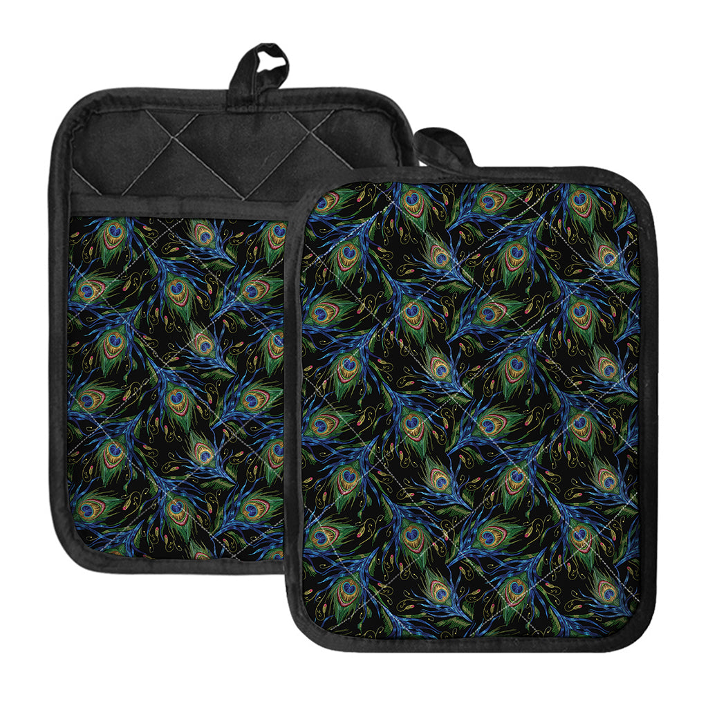 Embroidery Peacock Feather Print Pot Holders With Pocket