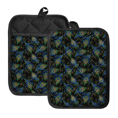 Embroidery Peacock Feather Print Pot Holders With Pocket