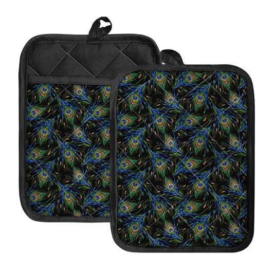 Embroidery Peacock Feather Print Pot Holders With Pocket