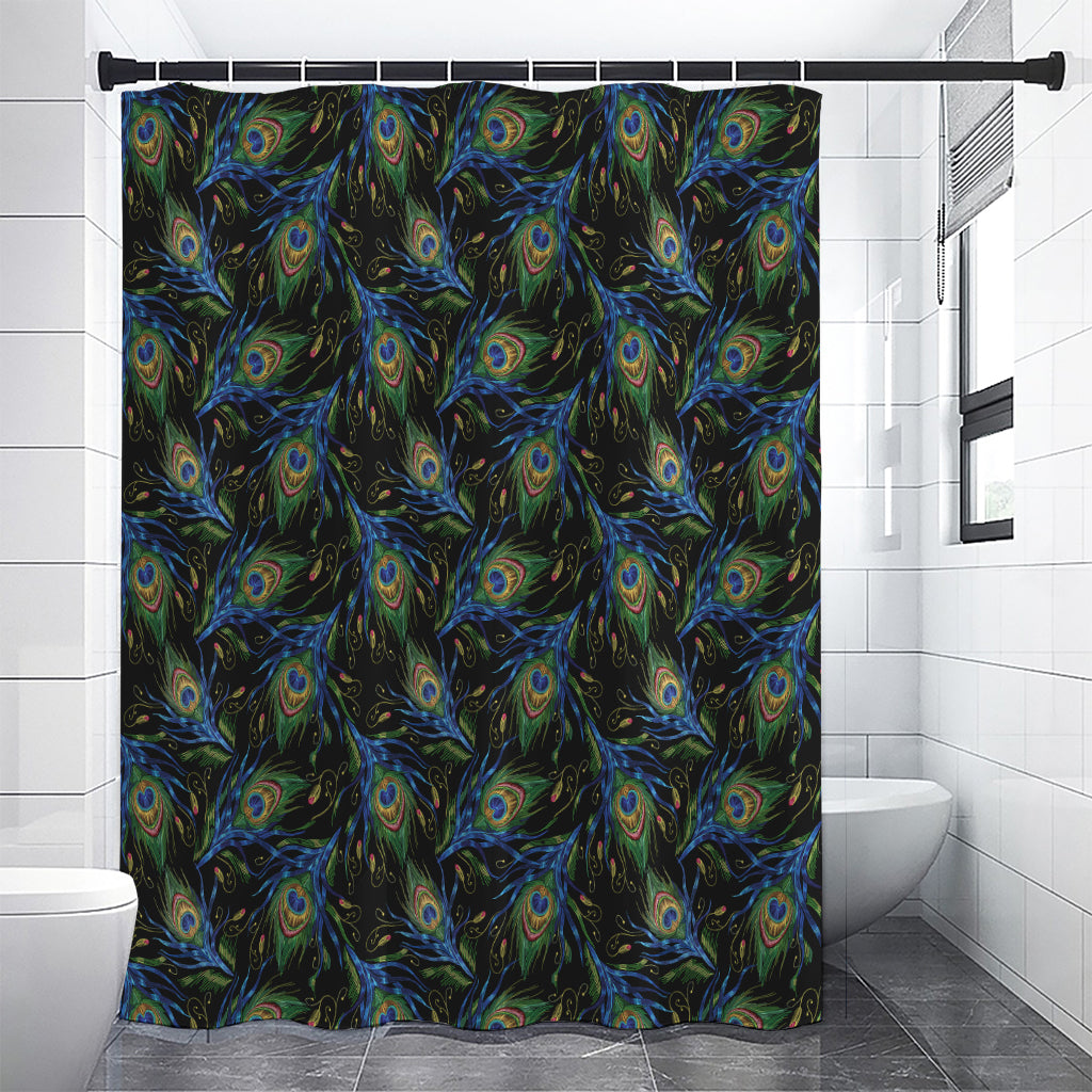 Embroidery Peacock Feather Print Premium Shower Curtain