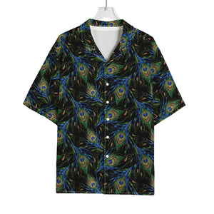 Embroidery Peacock Feather Print Rayon Hawaiian Shirt