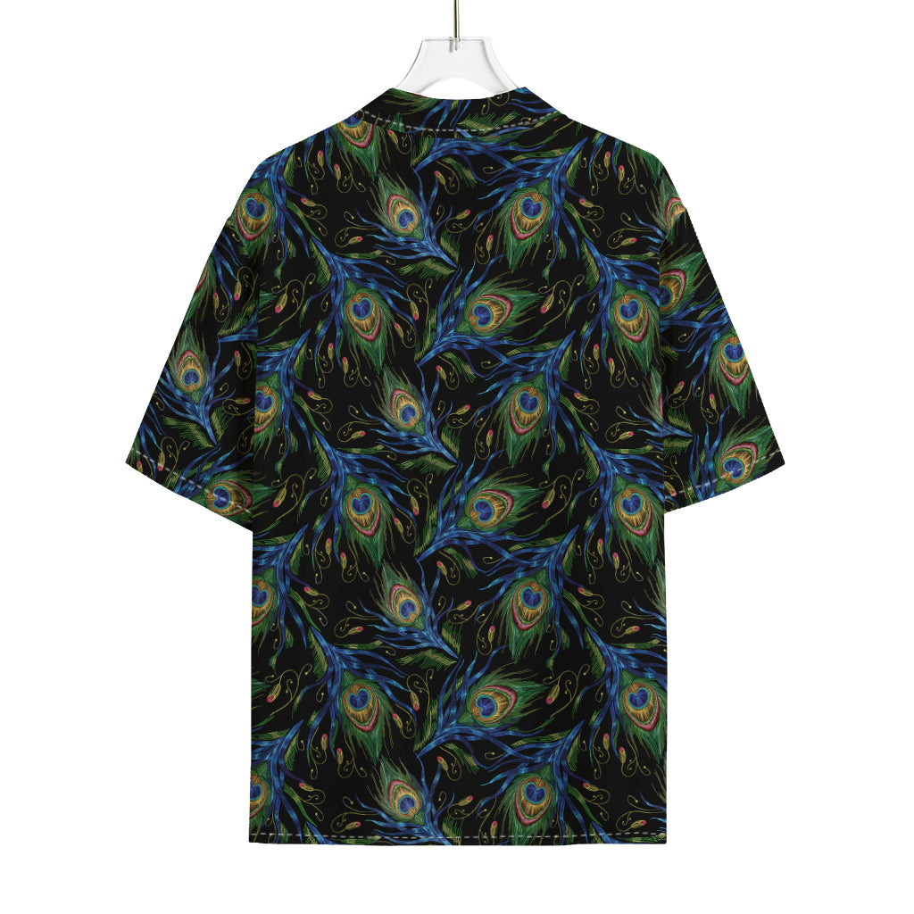 Embroidery Peacock Feather Print Rayon Hawaiian Shirt