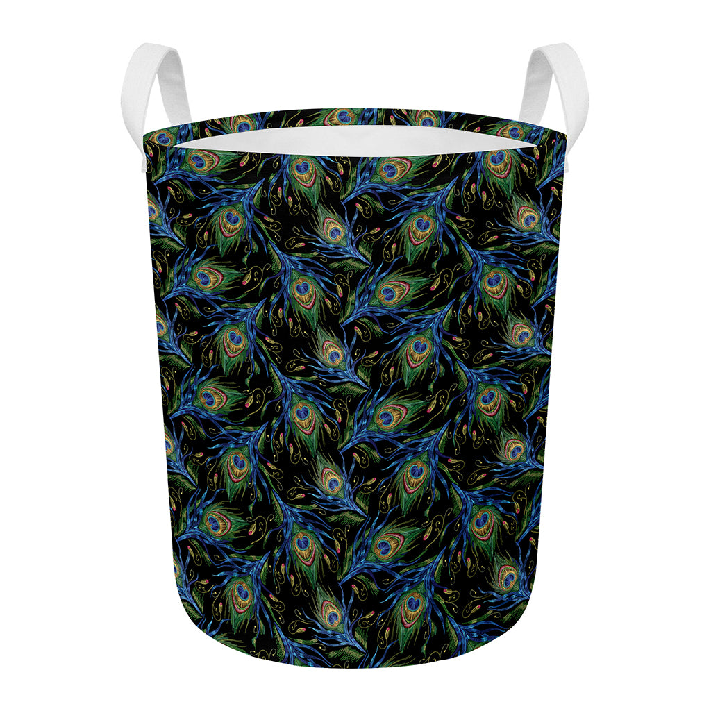 Embroidery Peacock Feather Print Round Laundry Basket