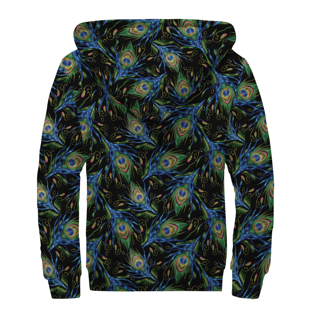 Embroidery Peacock Feather Print Sherpa Lined Zip Up Hoodie