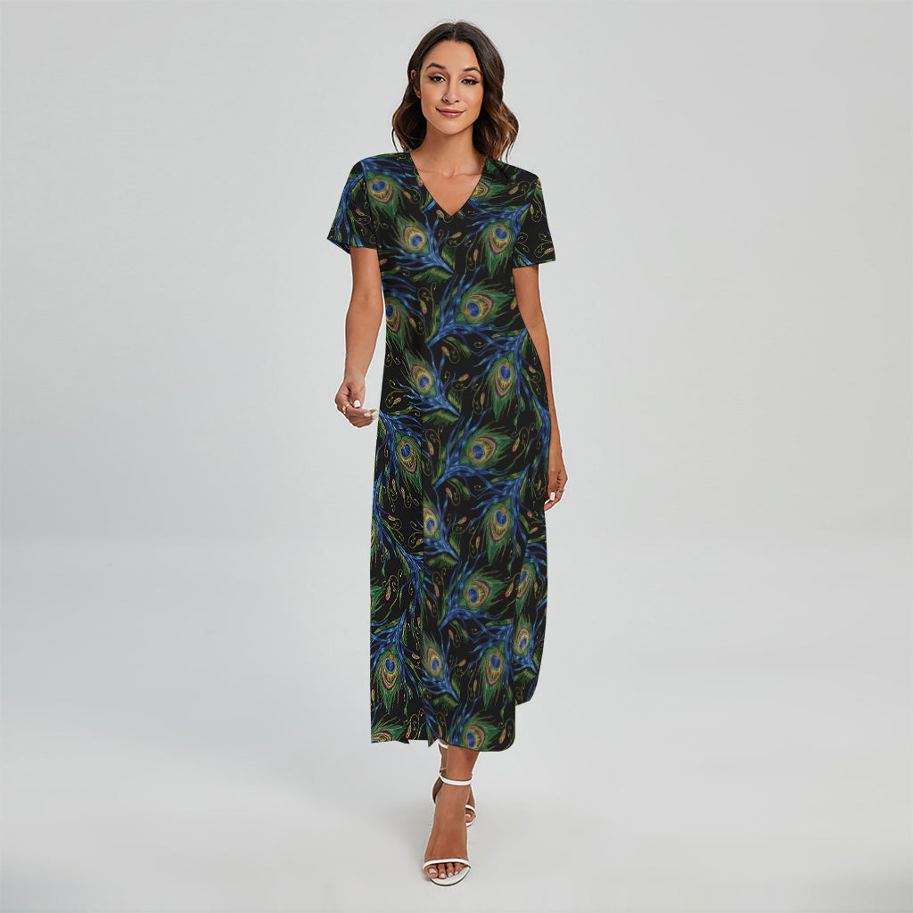 Embroidery Peacock Feather Print Short Sleeve Maxi Dress