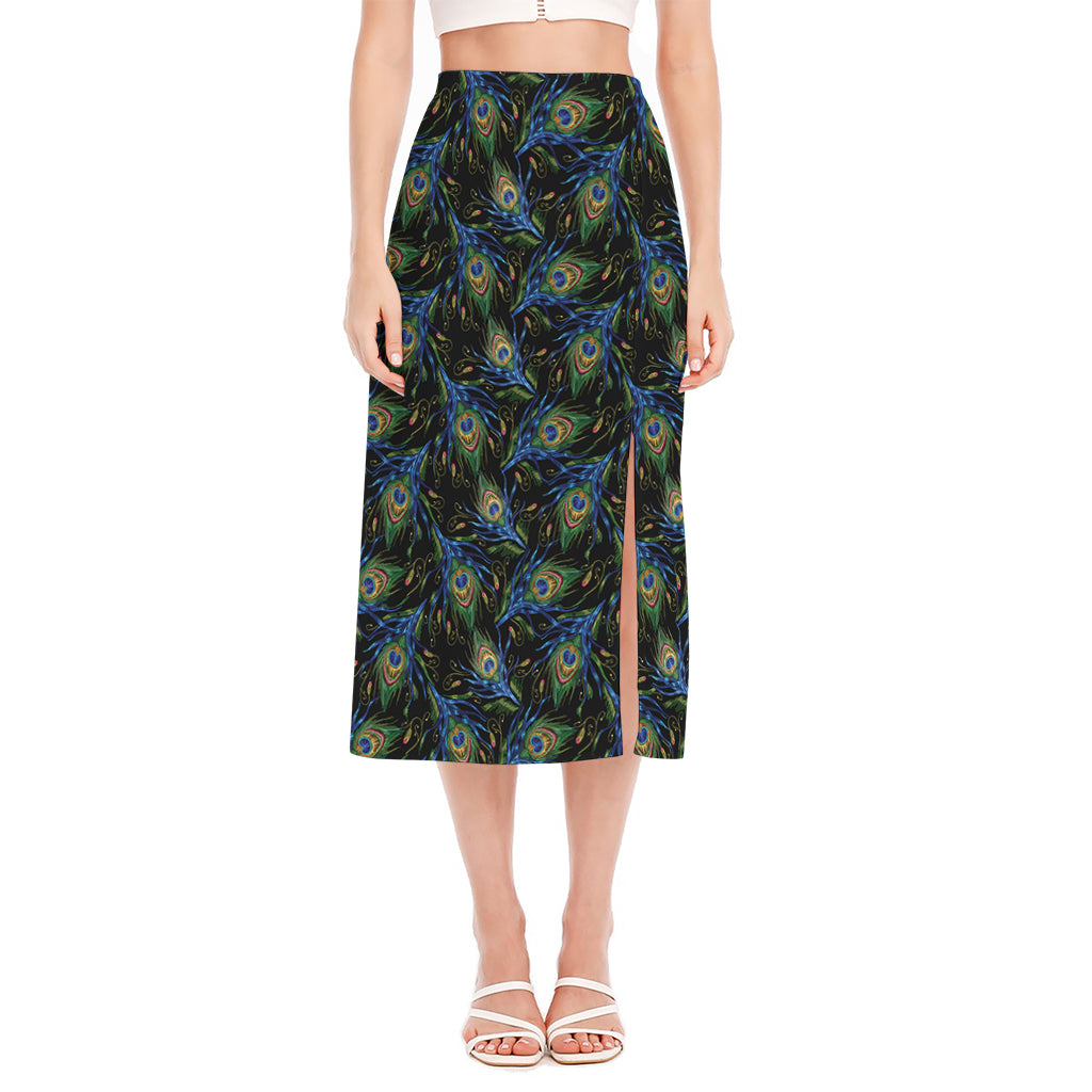 Embroidery Peacock Feather Print Side Slit Midi Skirt