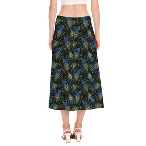 Embroidery Peacock Feather Print Side Slit Midi Skirt