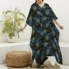 Embroidery Peacock Feather Print Silk V-Neck Kaftan Dress