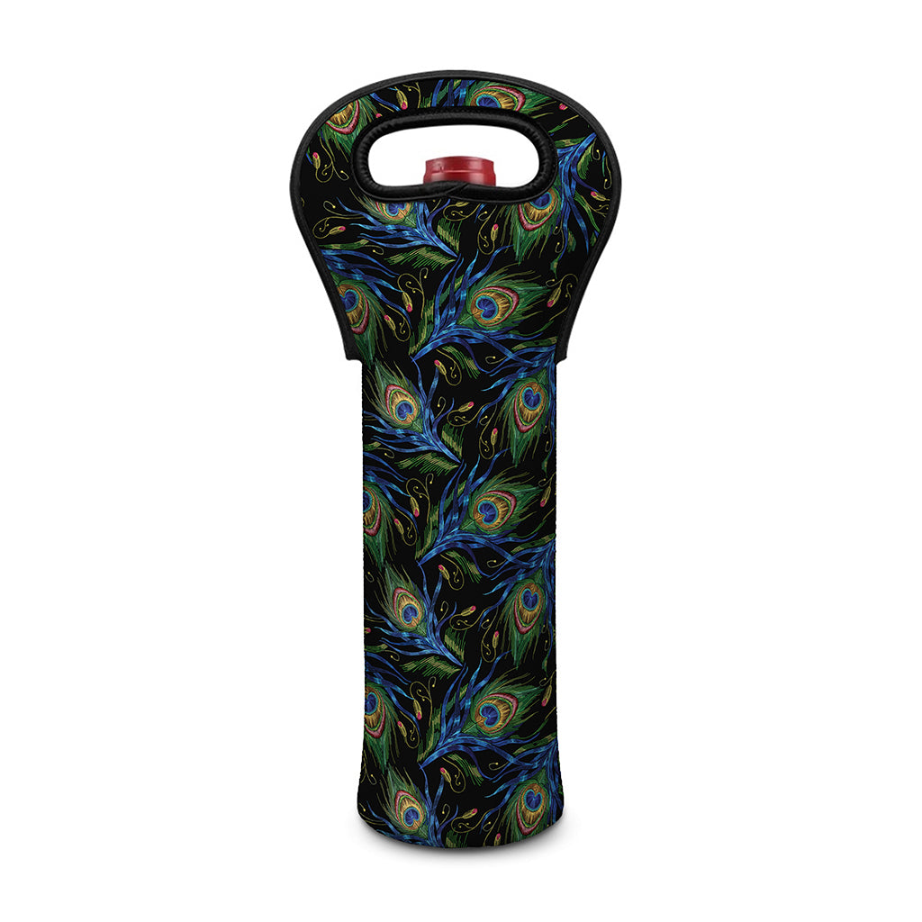 Embroidery Peacock Feather Print Single Neoprene Wine Tote