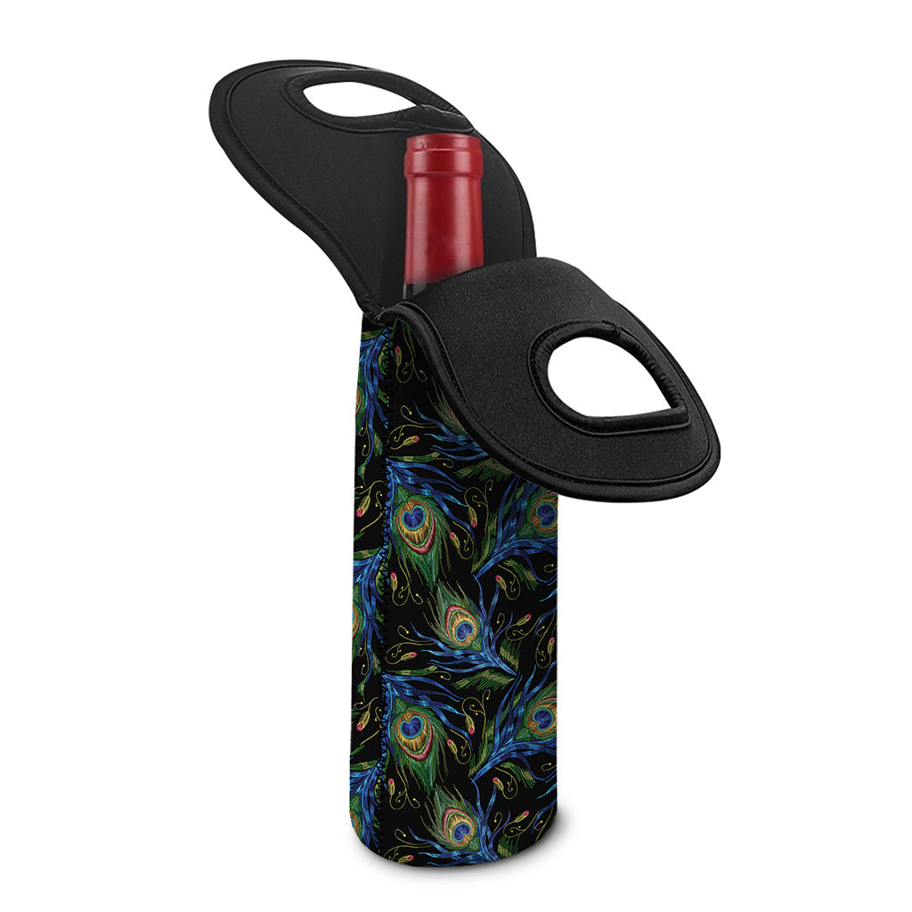 Embroidery Peacock Feather Print Single Neoprene Wine Tote
