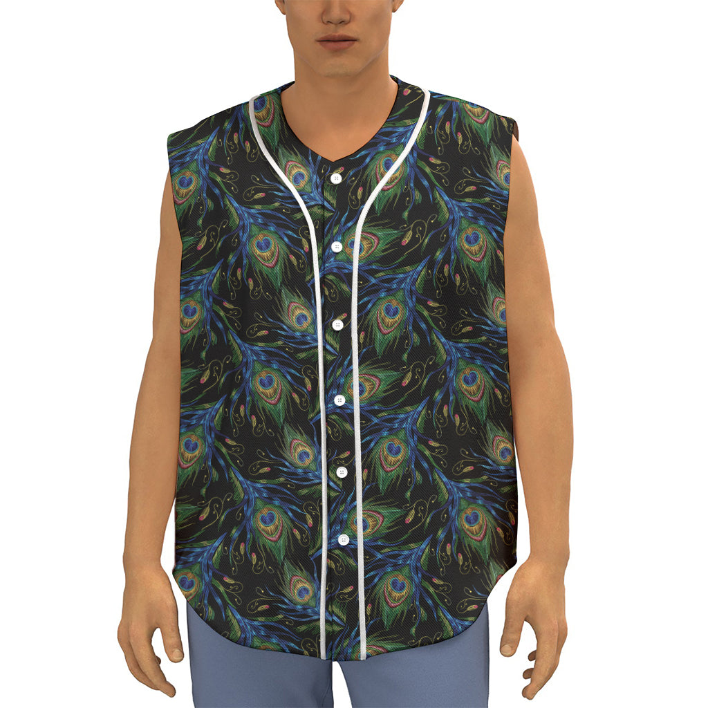 Embroidery Peacock Feather Print Sleeveless Baseball Jersey