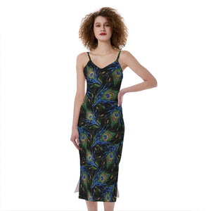 Embroidery Peacock Feather Print Slim Fit Midi Cami Dress