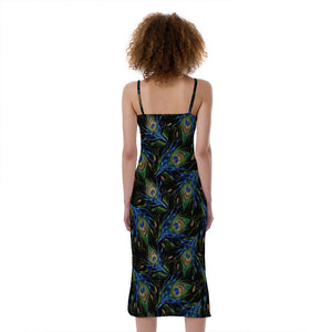 Embroidery Peacock Feather Print Slim Fit Midi Cami Dress