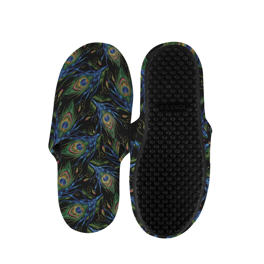 Embroidery Peacock Feather Print Slippers