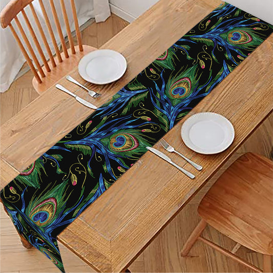 Embroidery Peacock Feather Print Table Runner