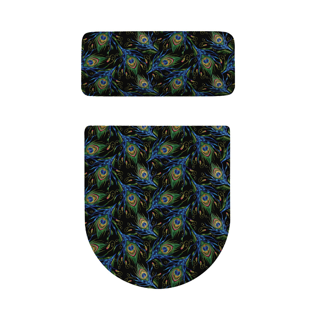 Embroidery Peacock Feather Print Toilet Lid And Tank Cover Set
