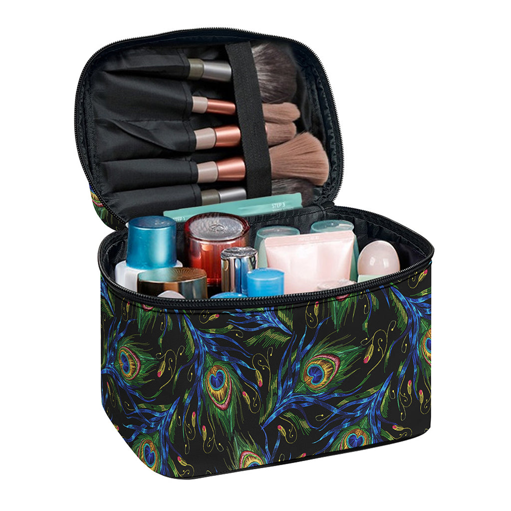 Embroidery Peacock Feather Print Travel Makeup Bag