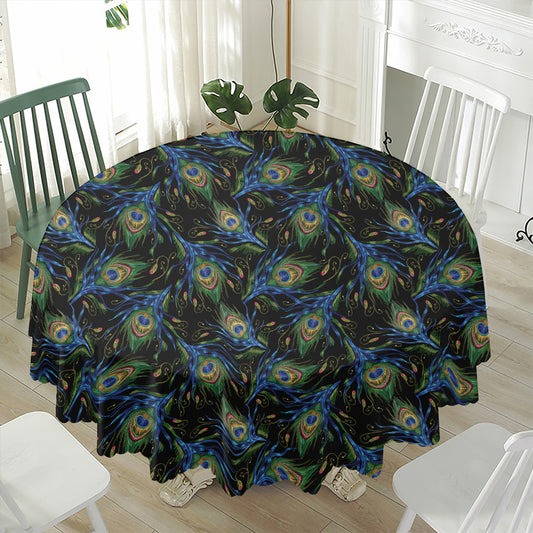 Embroidery Peacock Feather Print Waterproof Round Tablecloth