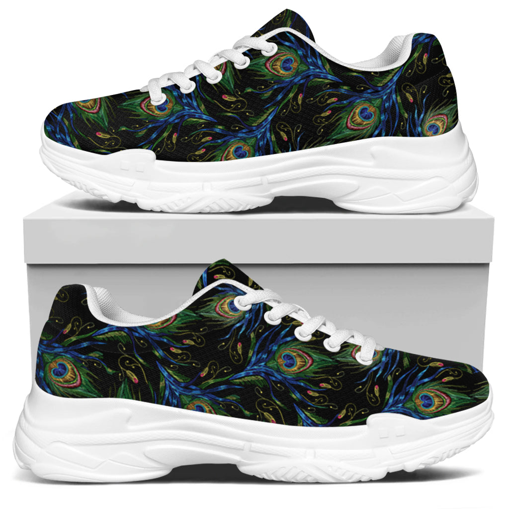 Embroidery Peacock Feather Print White Chunky Shoes