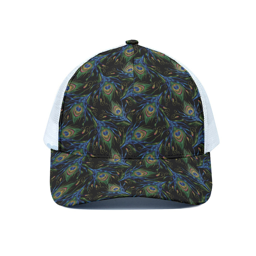 Embroidery Peacock Feather Print White Mesh Trucker Cap