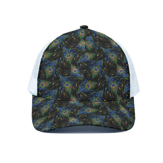 Embroidery Peacock Feather Print White Mesh Trucker Cap