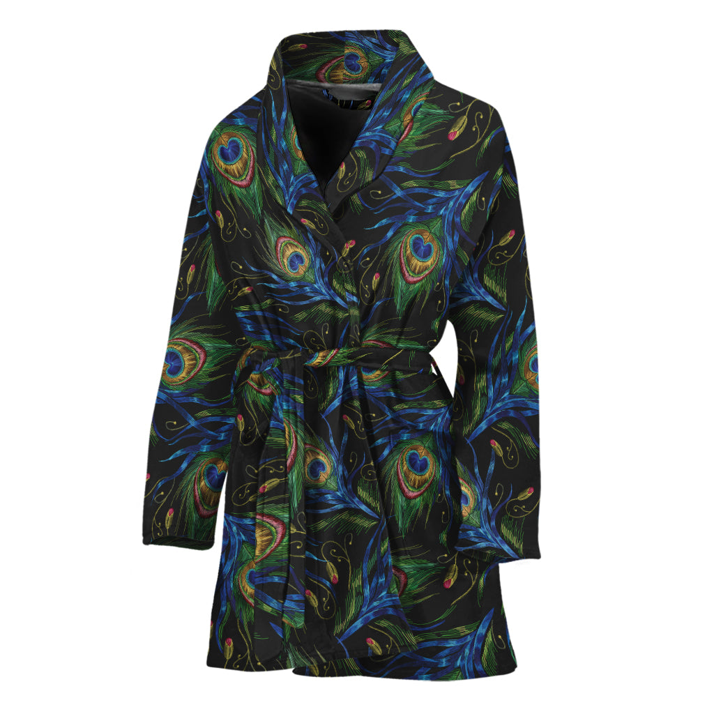 Embroidery Peacock Feather Print Women's Bathrobe