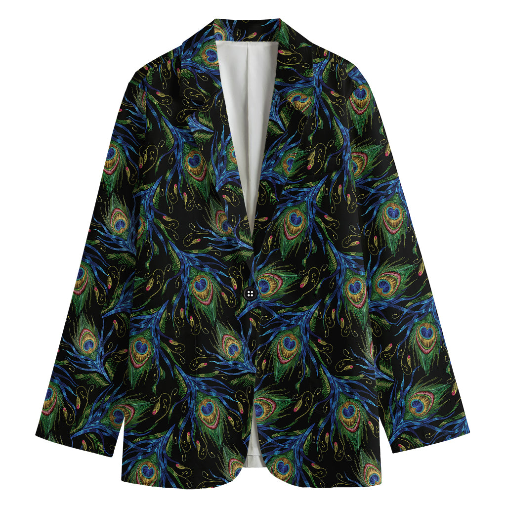 Embroidery Peacock Feather Print Women's Blazer