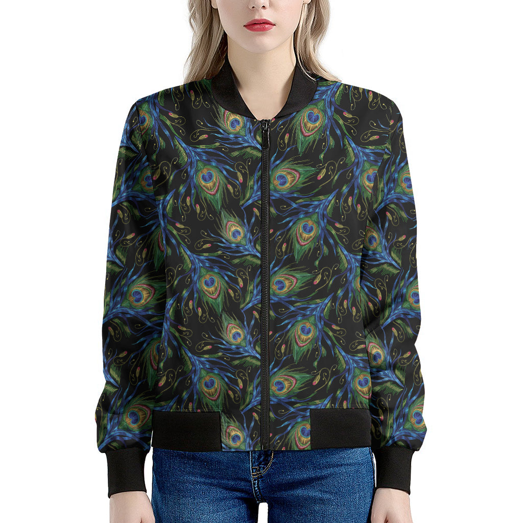 Embroidery Peacock Feather Print Women's Bomber Jacket