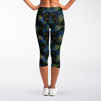 Embroidery Peacock Feather Print Women's Capri Leggings