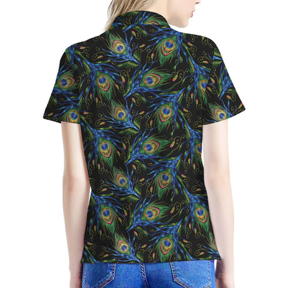 Embroidery Peacock Feather Print Women's Polo Shirt
