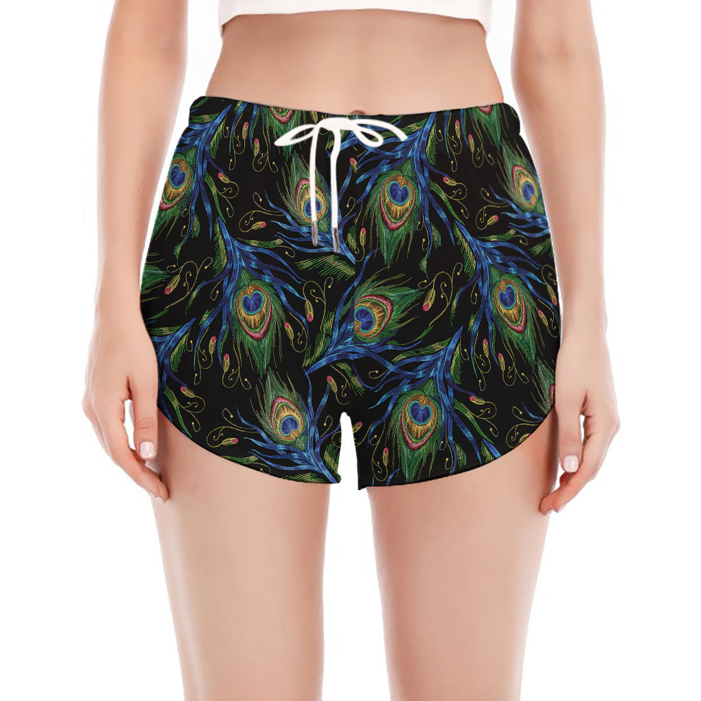 Embroidery Peacock Feather Print Women's Split Running Shorts