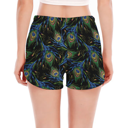 Embroidery Peacock Feather Print Women's Split Running Shorts
