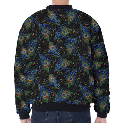 Embroidery Peacock Feather Print Zip Sleeve Bomber Jacket