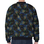 Embroidery Peacock Feather Print Zip Sleeve Bomber Jacket