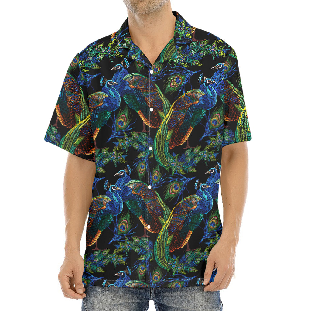 Embroidery Peacock Pattern Print Aloha Shirt