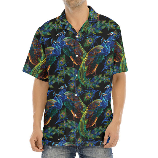 Embroidery Peacock Pattern Print Aloha Shirt