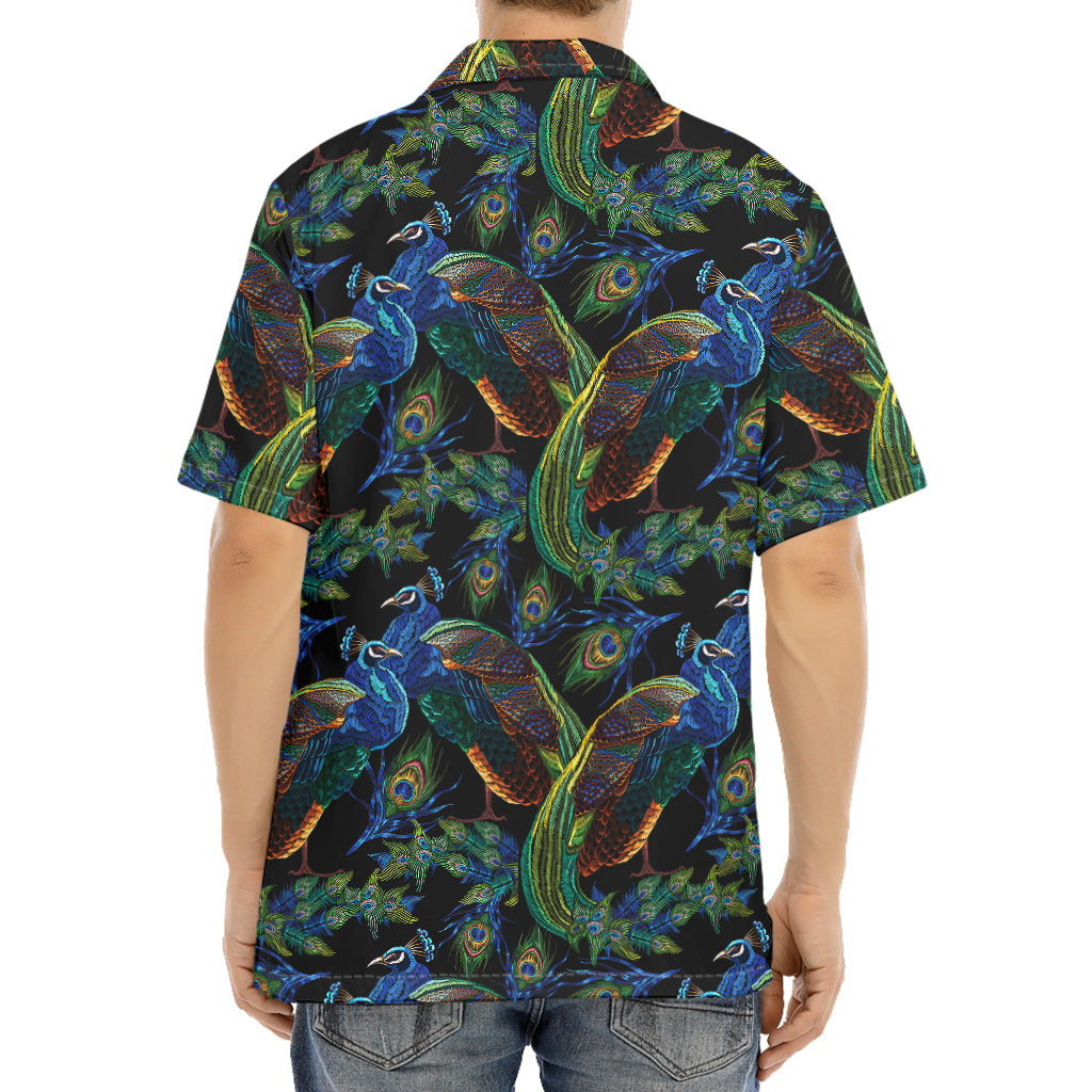 Embroidery Peacock Pattern Print Aloha Shirt