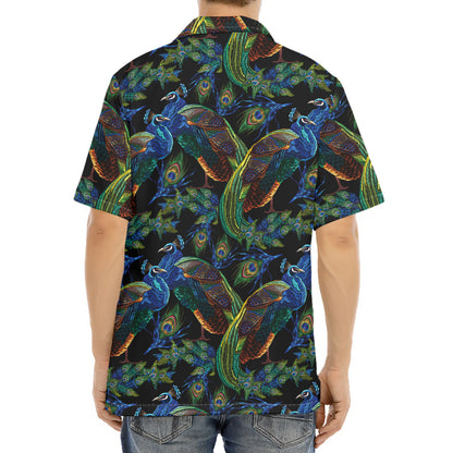 Embroidery Peacock Pattern Print Aloha Shirt