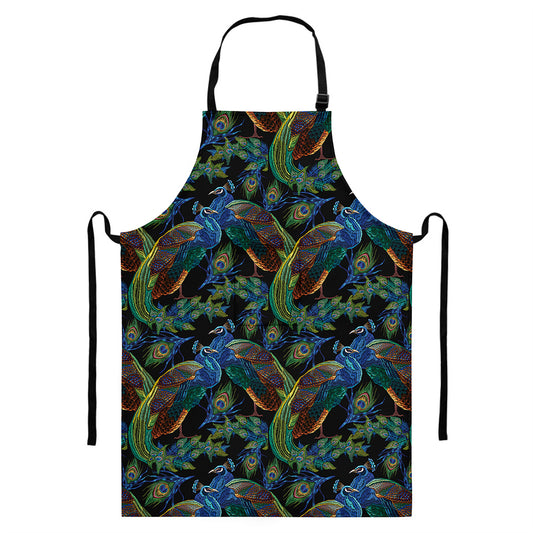 Embroidery Peacock Pattern Print Bib Apron With Pocket