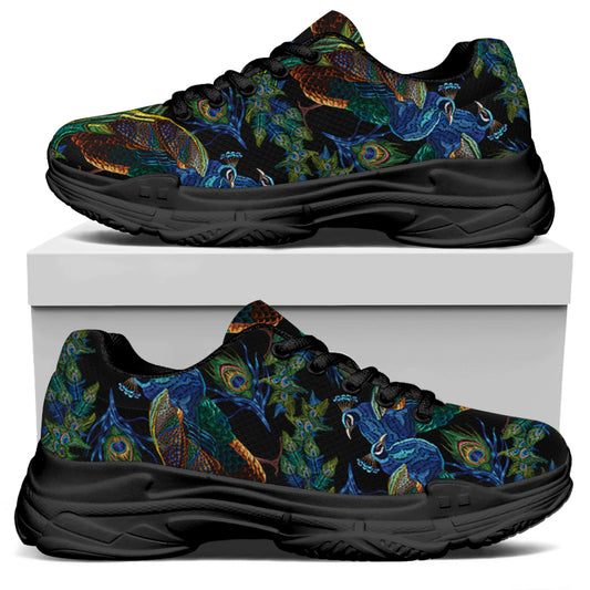 Embroidery Peacock Pattern Print Black Chunky Shoes