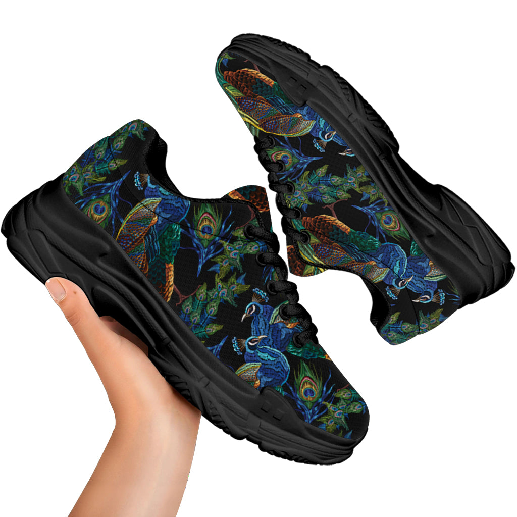 Embroidery Peacock Pattern Print Black Chunky Shoes