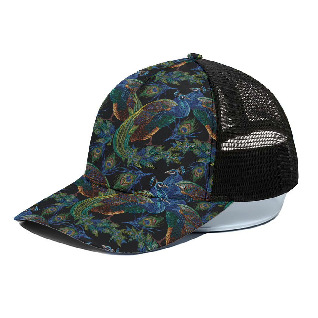 Embroidery Peacock Pattern Print Black Mesh Trucker Cap