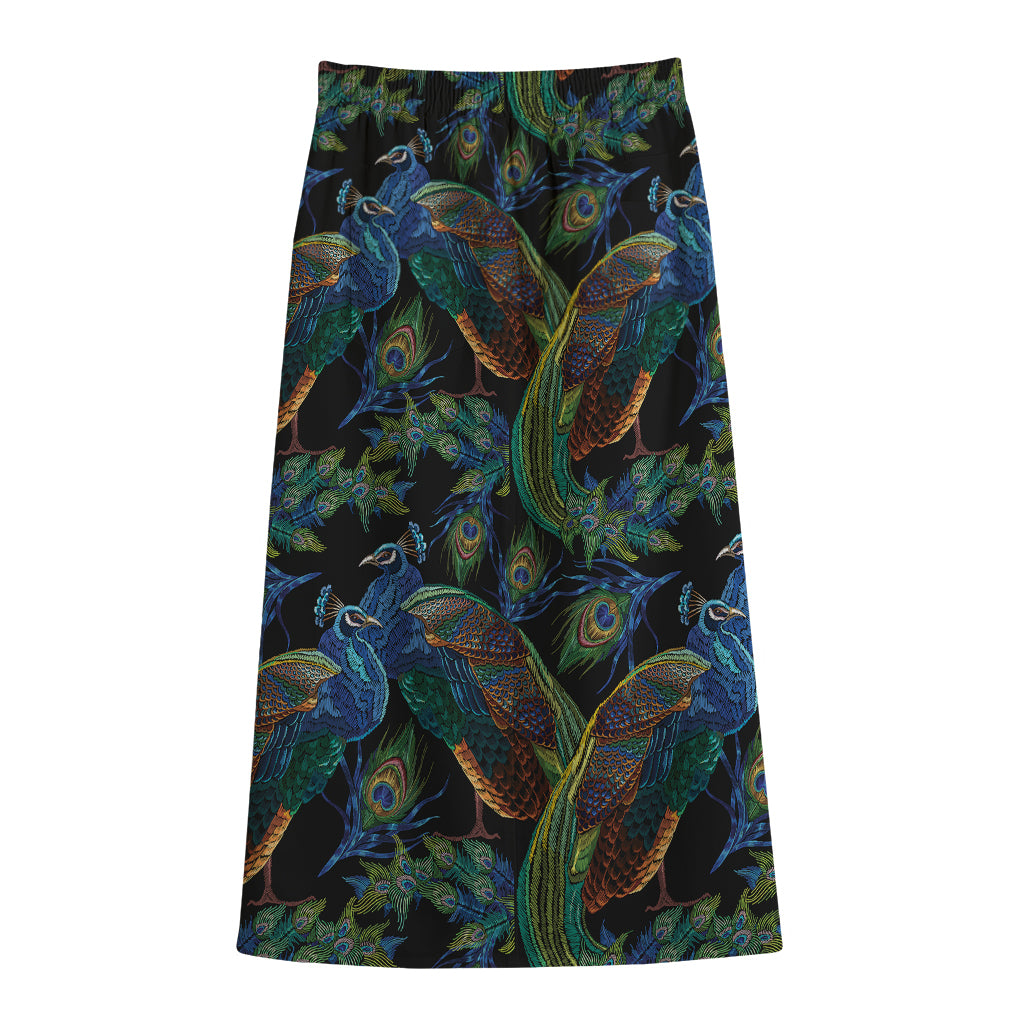 Embroidery Peacock Pattern Print Cotton Front Slit Maxi Skirt