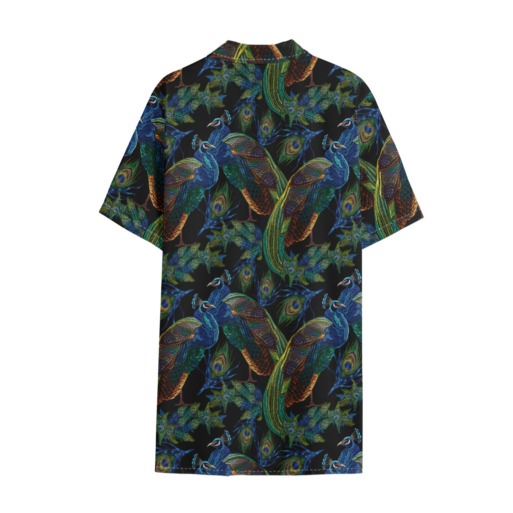 Embroidery Peacock Pattern Print Cotton Hawaiian Shirt