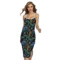 Embroidery Peacock Pattern Print Cross Back Cami Dress