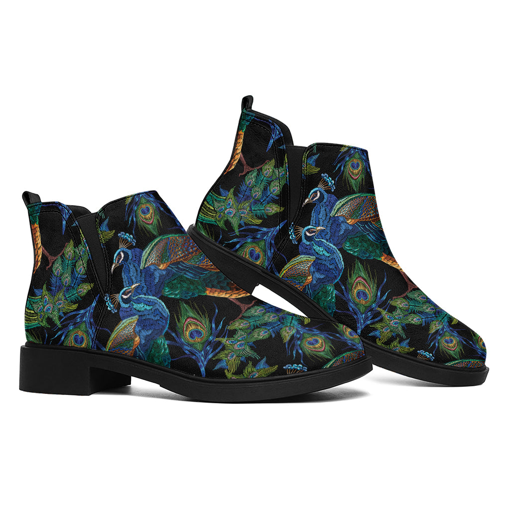 Embroidery Peacock Pattern Print Flat Ankle Boots