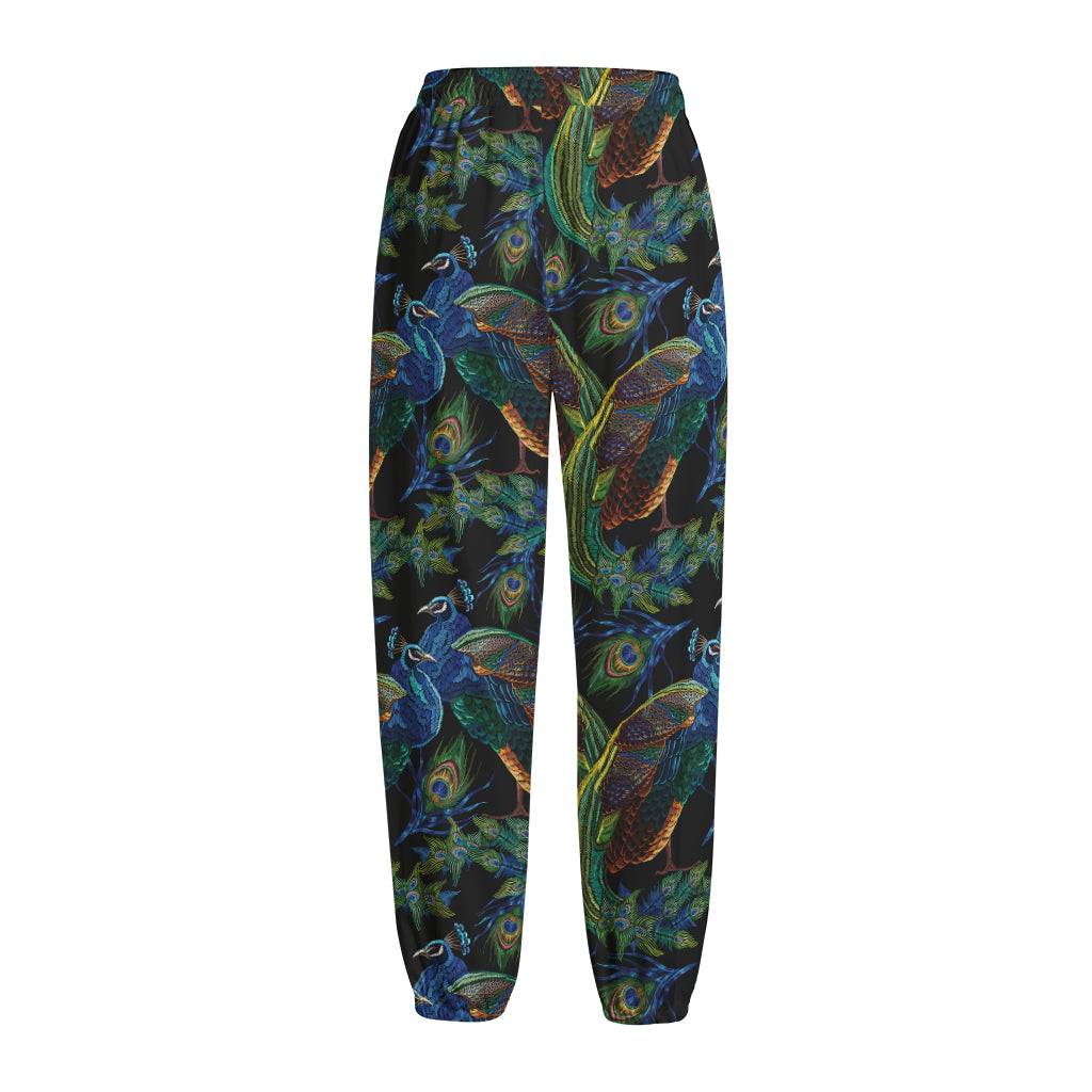 Embroidery Peacock Pattern Print Fleece Lined Knit Pants