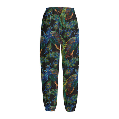Embroidery Peacock Pattern Print Fleece Lined Knit Pants